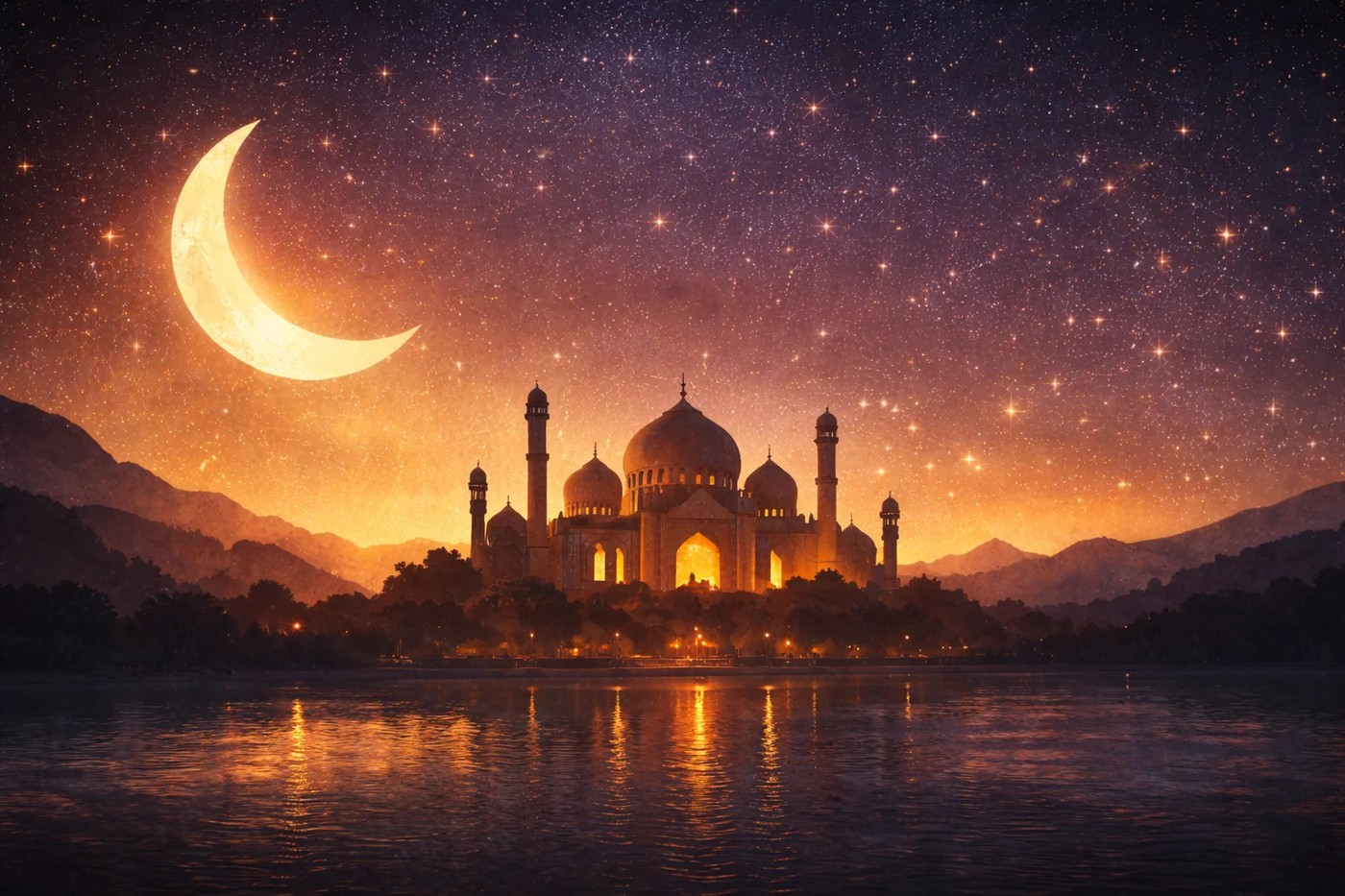 Ramadan 2026 - Mosque under starry night sky with crescent moon